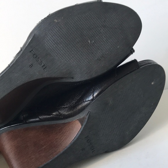 Fossil Peep Toe Leather Slingback Wedge US8 Black - Picture 6 of 8